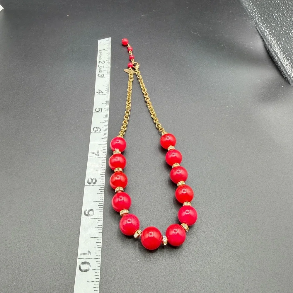 Red Bead Statement Necklace Gold Tone Chain Rhinestone Spacers Chunky Jewelry